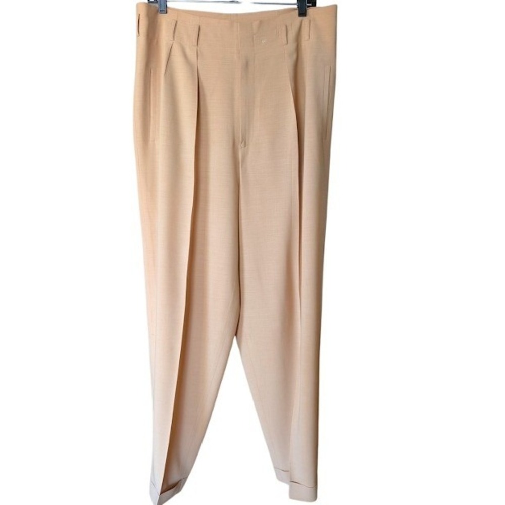 DKNY Vintage Tan Pure Wool Pleated High Waist Cuffed Trousers Pants Womens 10